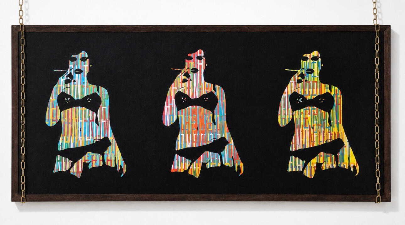 Chris Turner Female Dancers, 2023 Acrylic Paint, Spray and Markers on Wood Panel 36x76 Study In Color, Homefront Series